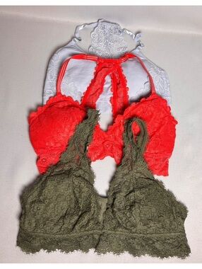 Set of 3 Lace Bralettes by Nautica & Aerie - Light Blue/Gray, Olive, & Coral Red